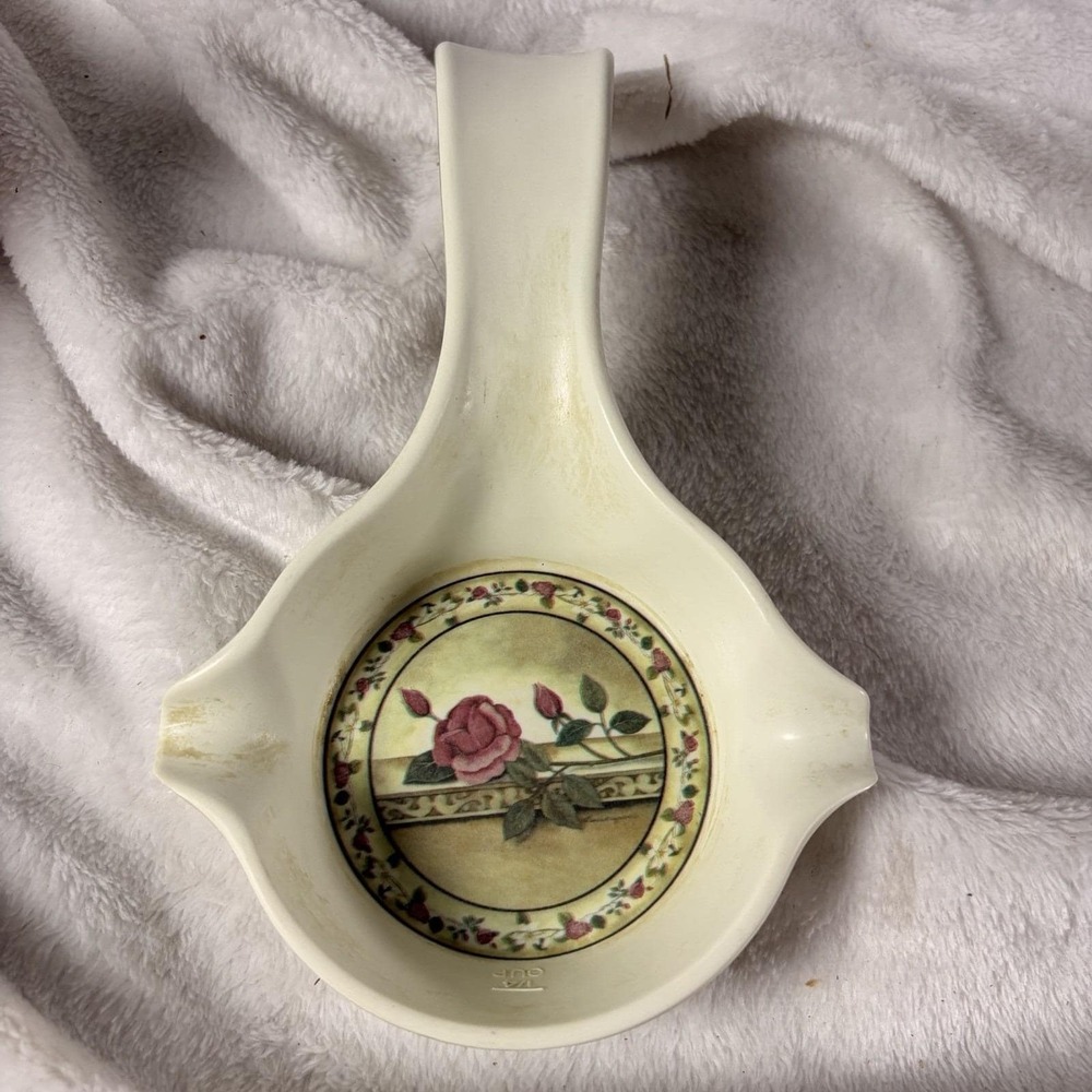 Vintage Melamine Spoon Rest 1/4 Cup Measuring Basin‎ Ladle Holder Country Rose